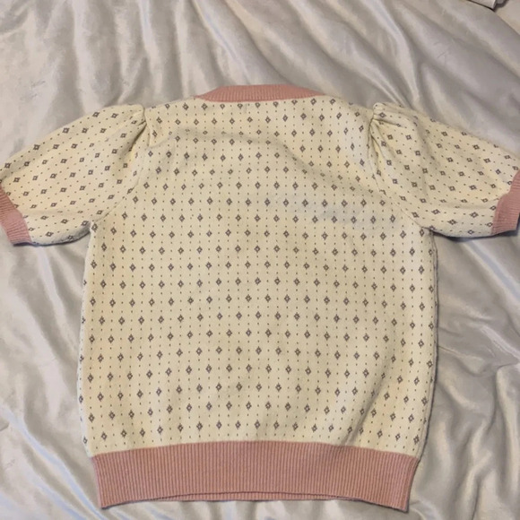Knit mix girly Preppy puff short sleeve mini diamond pattern medium cream pink M - Picture 9 of 9